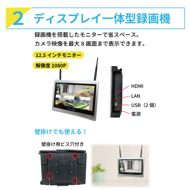 SEC-W-ML4CH | 12.5インチLCDモニター搭載HDD録画機＆配線不要な