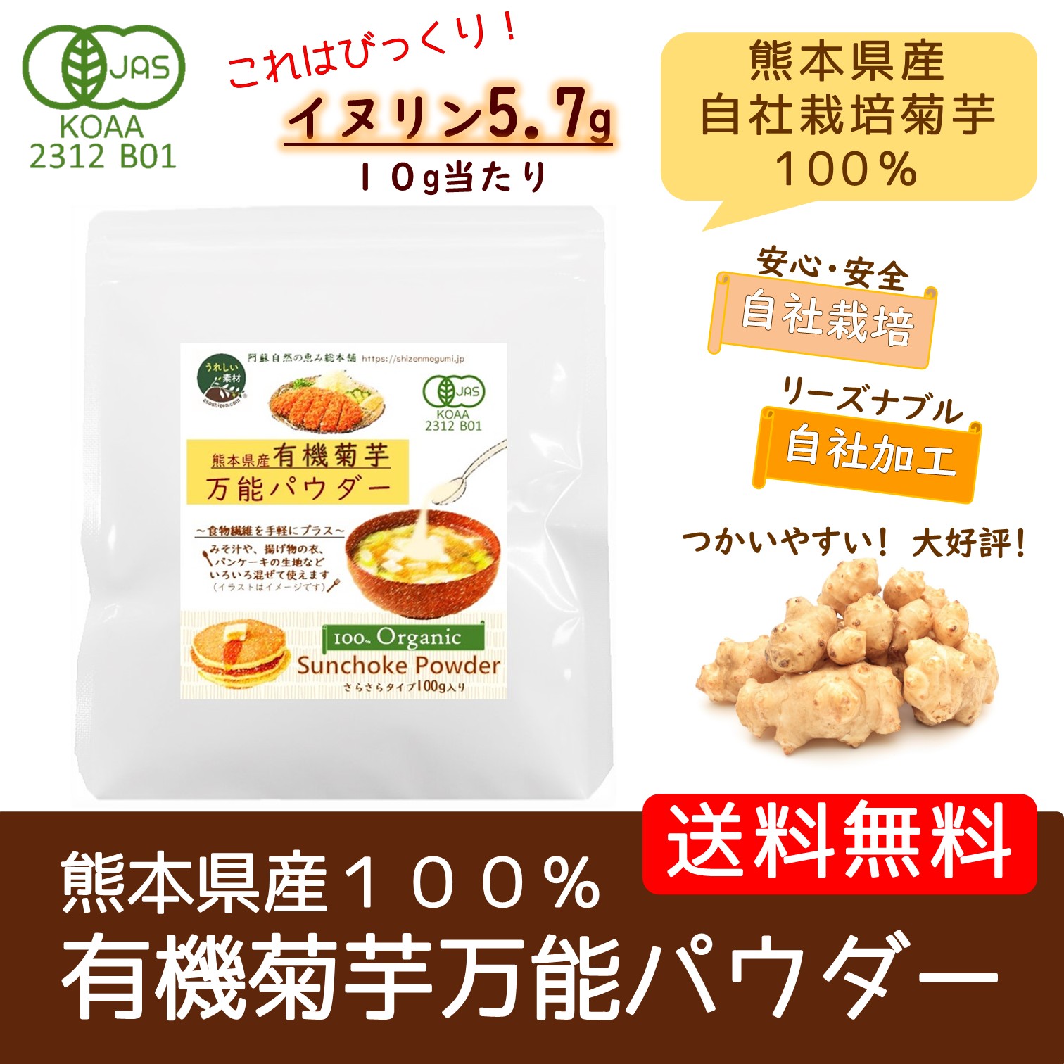 有機菊芋万能パウダー　100g　【メール便で送料無料】熊本県産有機菊芋100％　焙煎なしの粉末　糖質　便秘　水溶性食物繊維　イヌリンたっぷり