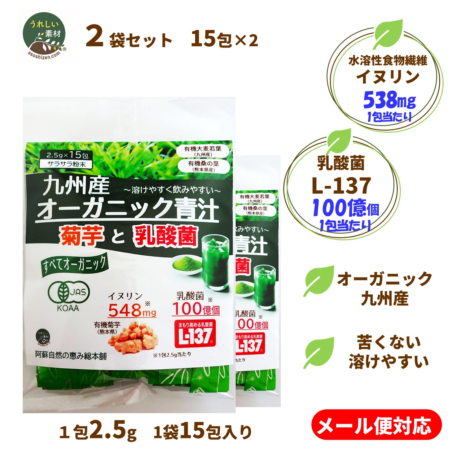(メール便対応)【九州産】【まもり高める乳酸菌L-137】オーガニック青汁　菊芋と乳酸菌（スティックパウダー）　15包入り×2袋　自社栽培有機菊芋と九州産有機原料使用