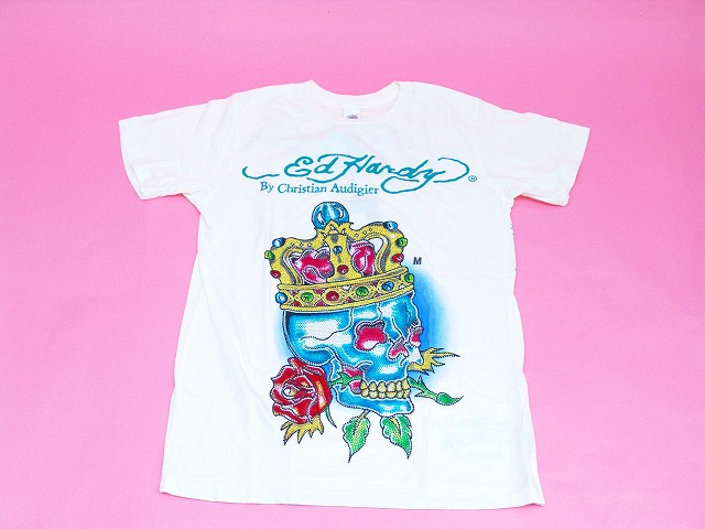 エドハーディー　メンズ　キングスカル（ラインストーン付き）半袖Tシャツ　A8CBBQZT　オフホワイト xm　ｖｖ