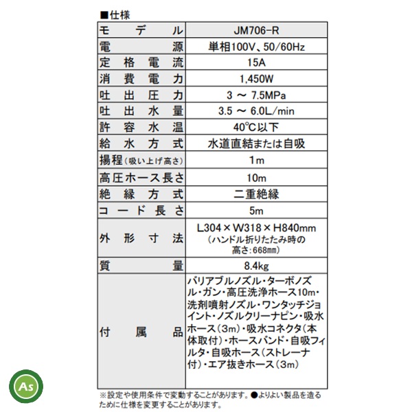 新ダイワ/shindaiwa】 電動高圧洗浄機 JM706-R 単相100V 洗車 掃除
