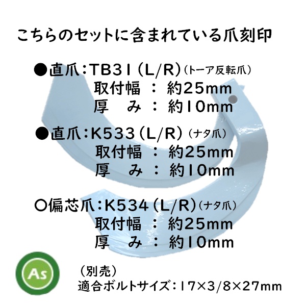 トーアの耕運爪 型式E14,15 DSI200 L15R15 トーアの耕運爪 型式E14,15
