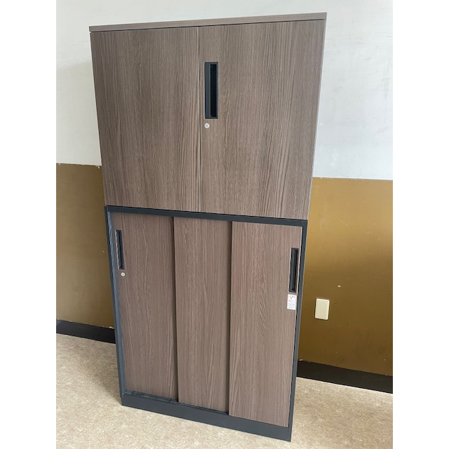 3枚引き戸+天板付両開きユニット書庫　エディア　コクヨ　ブラック/D木目　S-092