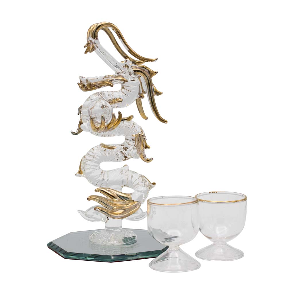 昇龍ガラス細工 天然石水晶玉持ち 水盃2個セット 龍の置物 八角鏡台座付き風水インテリア