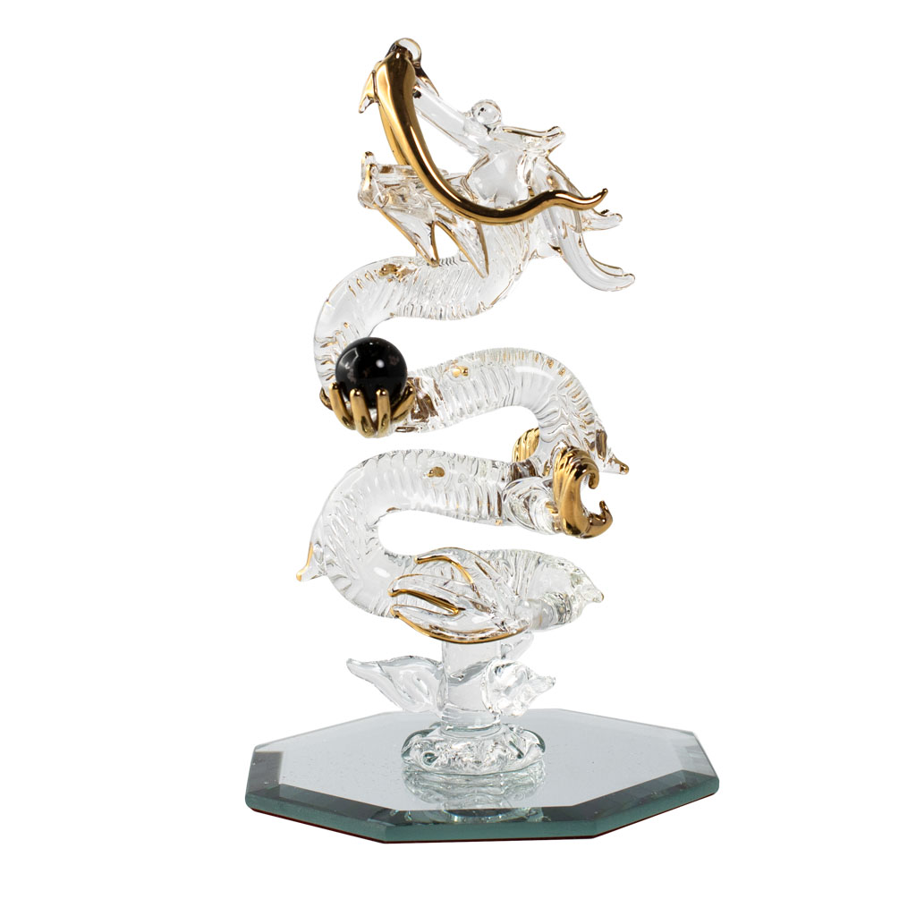 昇龍ガラス細工インテリア 天然石ブラックトルマリン丸玉持ち