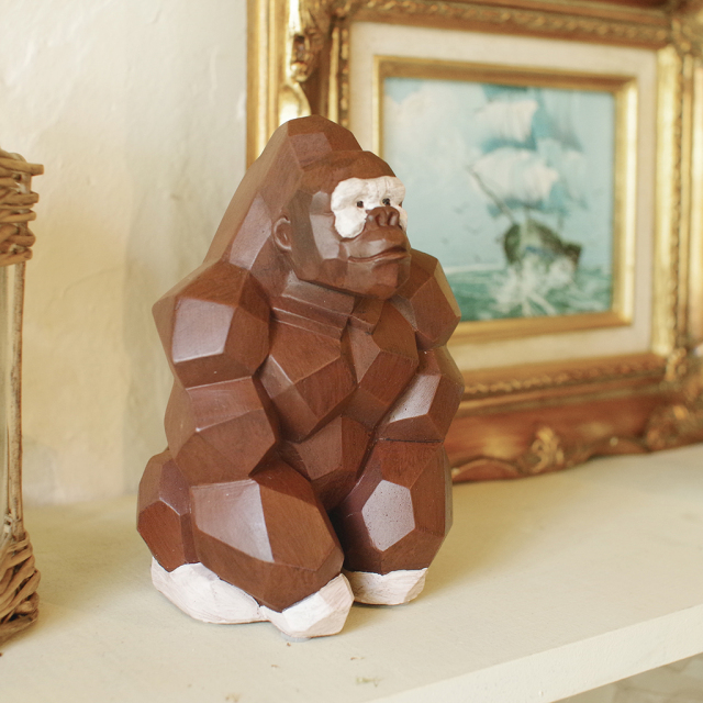 北欧風アニマル貯金箱 ゴリラ 木目調ポリレジン フタ付き 割らない貯金箱