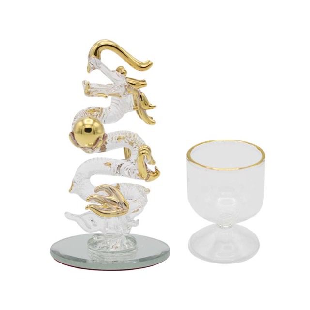 昇龍ガラス細工 ミニサイズ 水盃セット 龍の置物 辰年干支インテリア