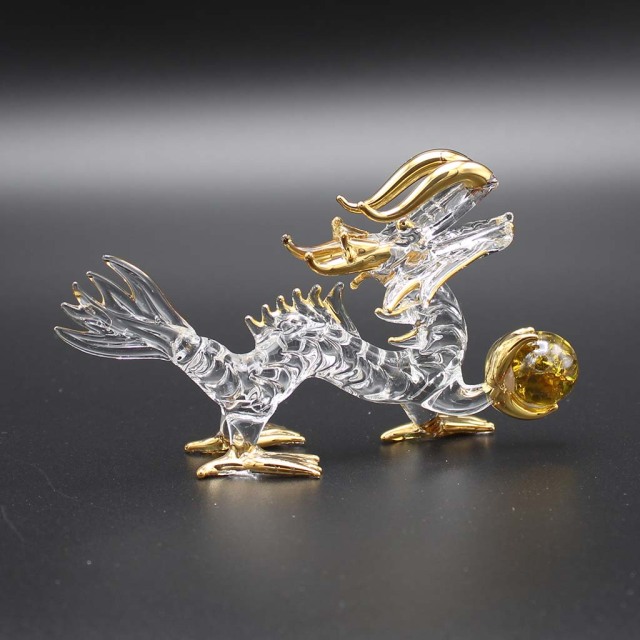 龍 ガラス細工 金運玉持ち 水盃 八角鏡セット 龍の置物 辰年干支