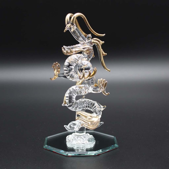 昇龍ガラス細工 天然石水晶玉持ち 水盃2個セット 龍の置物 八角鏡台座付き風水インテリア