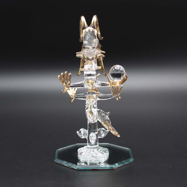 昇龍ガラス細工 天然石水晶玉持ち 水盃2個セット 龍の置物 八角鏡台座付き風水インテリア