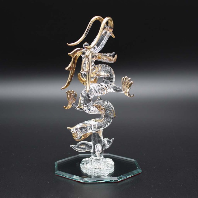 昇龍ガラス細工 天然石水晶玉持ち 水盃2個セット 龍の置物 八角鏡台座付き風水インテリア