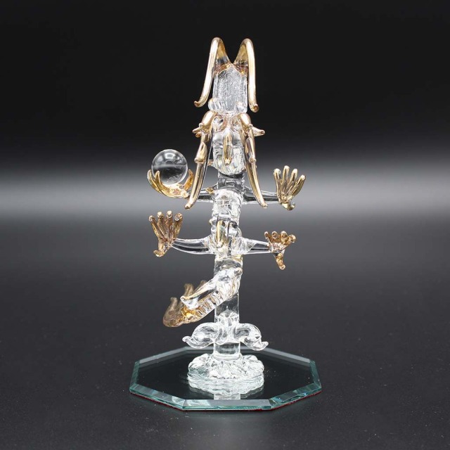 昇龍ガラス細工 天然石水晶玉持ち 水盃2個セット 龍の置物 八角鏡台座付き風水インテリア