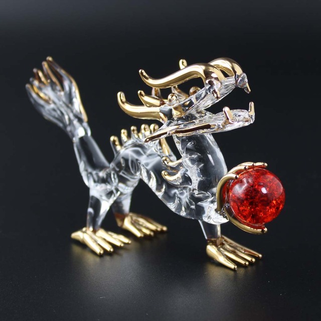 龍 ガラス細工 必勝 愛情運玉持ち 水盃 八角鏡セット 龍の置物 辰年