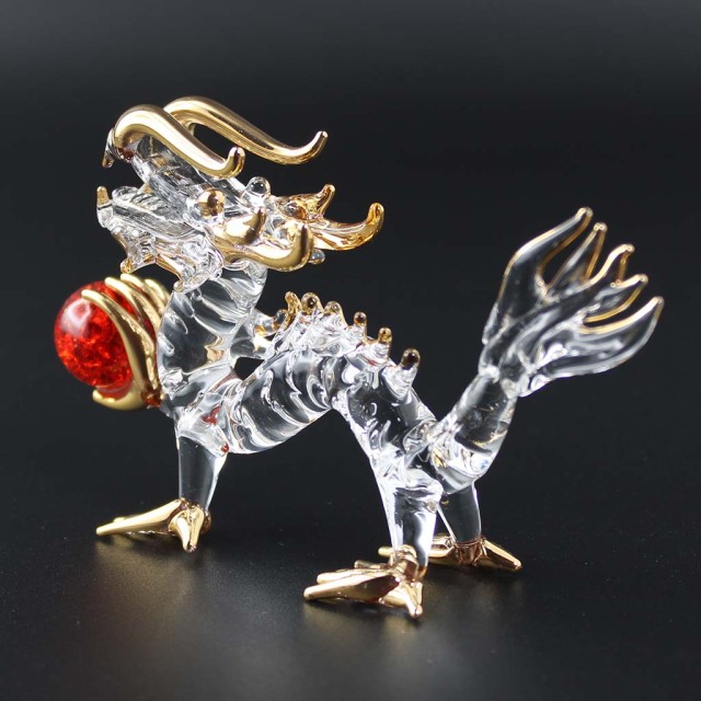 龍 ガラス細工 必勝 愛情運玉持ち 水盃 八角鏡セット 龍の置物 辰年