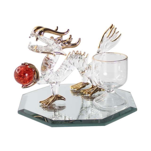 龍 ガラス細工 必勝 愛情運玉持ち 水盃 八角鏡セット 龍の置物 辰年