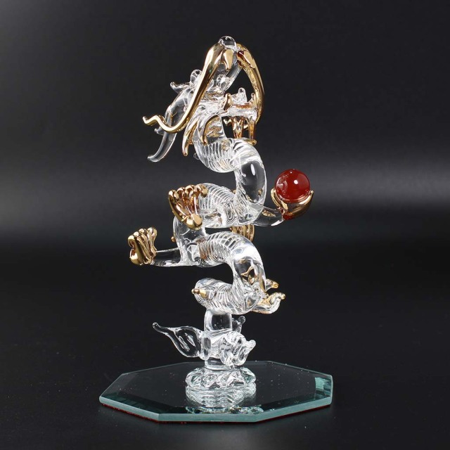 昇龍ガラス細工 天然石 赤メノウ丸玉 龍の置物 インテリア 風水 縁起物