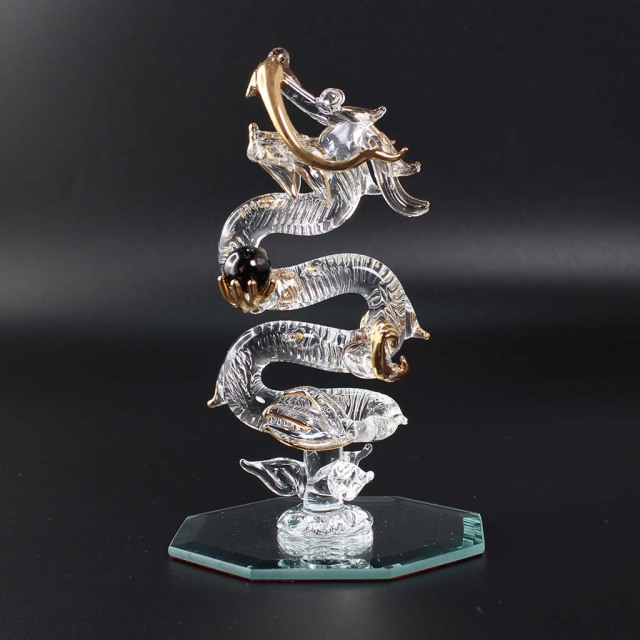 昇龍ガラス細工インテリア 天然石ブラックトルマリン丸玉持ち