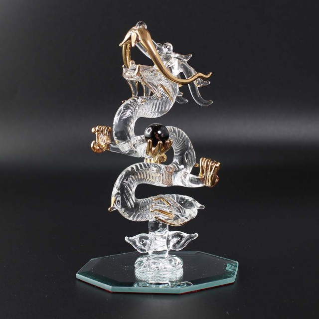 昇龍ガラス細工インテリア 天然石ブラックトルマリン丸玉持ち