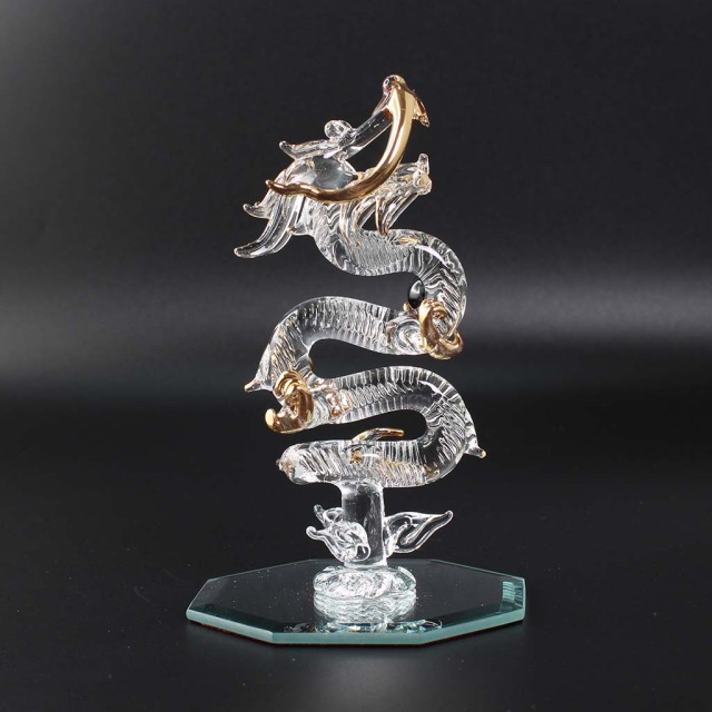 昇龍ガラス細工インテリア 天然石ブラックトルマリン丸玉持ち