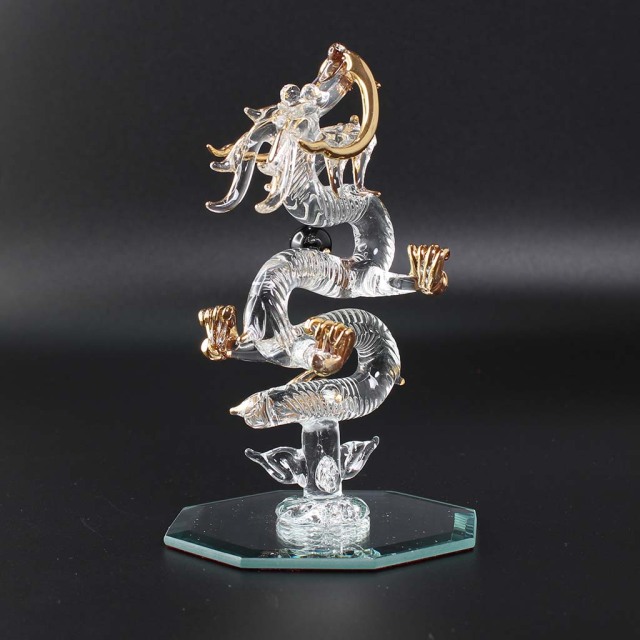 昇龍ガラス細工インテリア 天然石ブラックトルマリン丸玉持ち