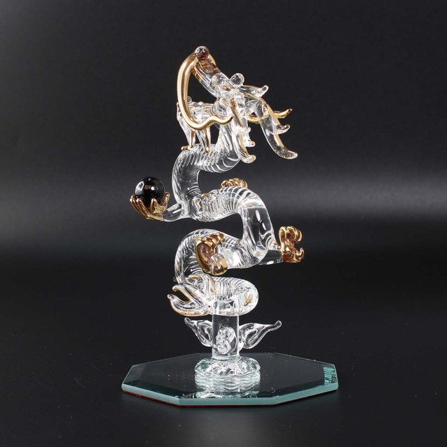 昇龍ガラス細工インテリア 天然石ブラックトルマリン丸玉持ち