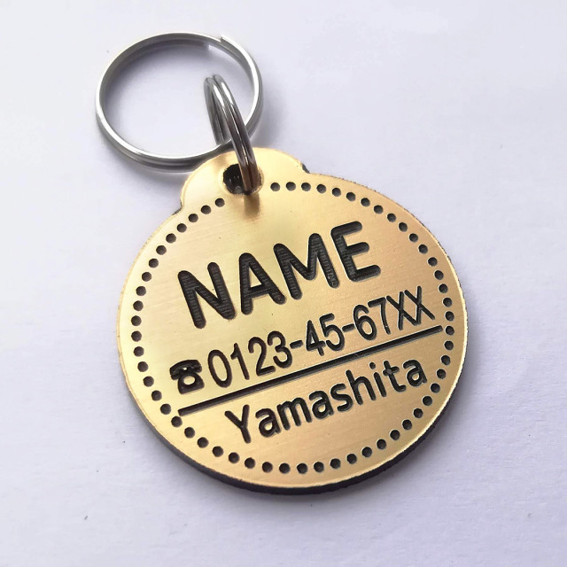 超軽量　アクリル製迷子札　片面まる型　ゴールド調