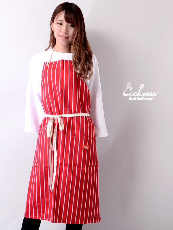 COOKMAN,クックマン,エプロン,おしゃれ,かわいい,ブランド,ロング,男女兼用,Long,Apron,Stripe,ストライプ,レッド,233-91907