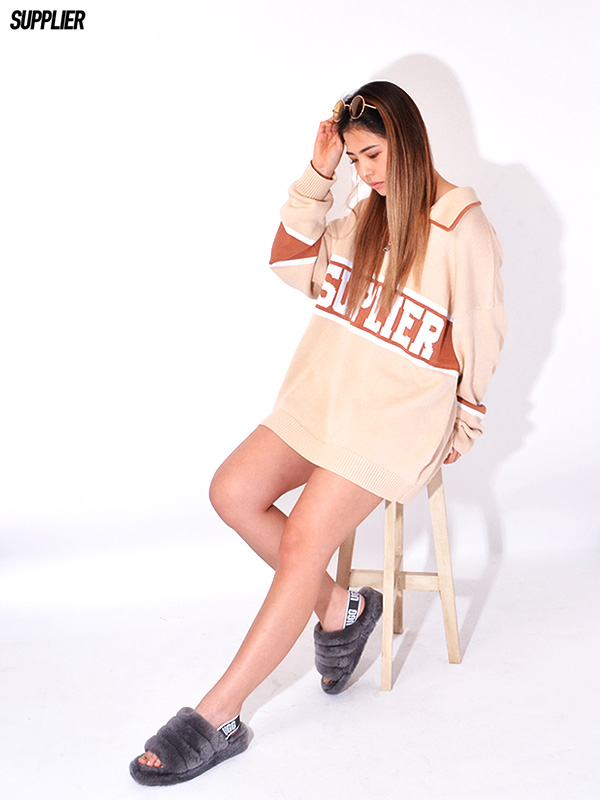 SUPPLIER,サプライヤー,ニット,レディース,メンズ,オーバーサイズ,セーター,ジップ,ハーフジップ,COLLEGE,LOGO,KNIT,C-LOGO-KNIT-BR