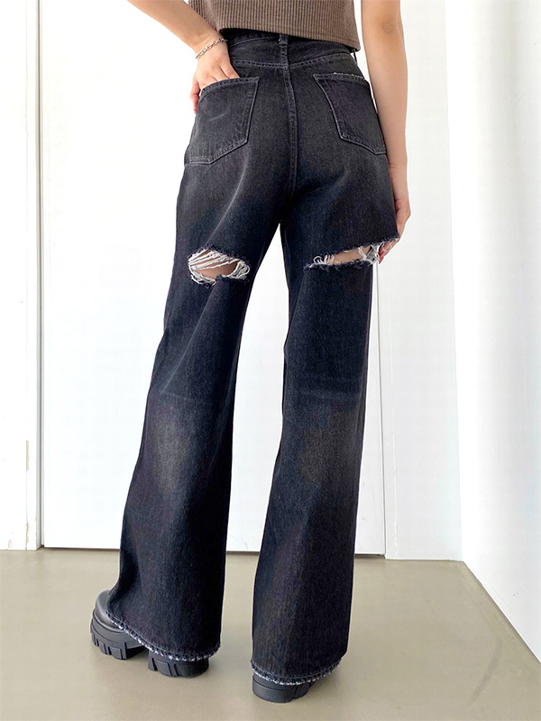 エモダ　24AW バックカットルーズ　ジーンズ　ダメージデニム　M 手洗い可 EMODA エモダ デニムパンツ レディース バック カット ルーズ