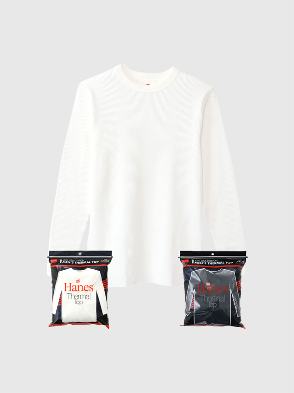 Hanes,ヘインズ,Tシャツ,サーマル,長袖,綿,100%,無地,パックT,ワッフル,USAコットン,米綿,バインダーネック,HM4-Y203