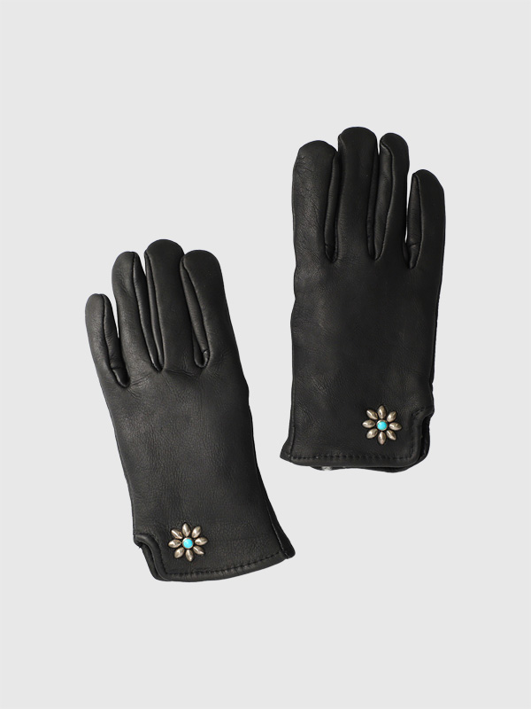 HTC,手袋,グローブ,ディアスキン,裏ボア,鹿革,スタッズ,ターコイズ,フラワー,エイチティーシー,防寒,ブラック,黒,ワンポイント