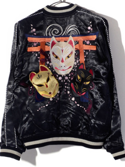 スカジャン　狐　XL 花旅楽団 スカジャン 狐面 キツネ フォックス 桜 お面 鳥居 和柄