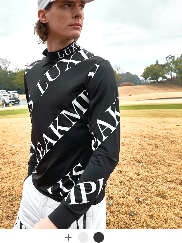 LUXEAKMPLUS,リュクスエイケイエムプラス,ゴルフ,ウェア,メンズ,レディース,ゴルフ,ブランド,総柄モックネックTシャツ,LAT-23018