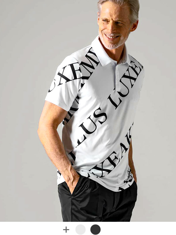 LUXEAKMPLUS,リュクスエイケイエムプラス,ゴルフ,ウェア,メンズ,レディース,ゴルフ,ブランド,総柄半袖ポロシャツ,ポロシャツ,LAH-23015