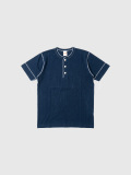 Healthknit,ヘルスニット,ヘンリーネック,Tシャツ,半袖,インディゴ染め,定番,丸胴編み,ネコ目ボタン,経年変化,ロープ染色,10070