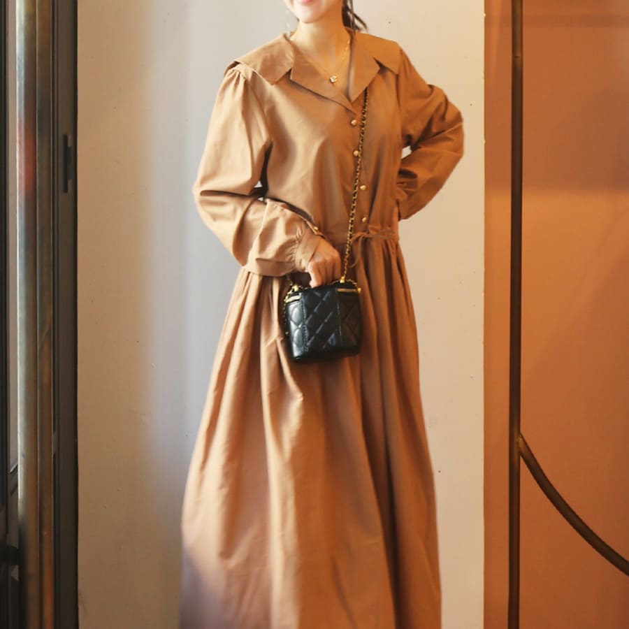 メイ・アンティークゴールドボタン＆リボンフレアーワンピース