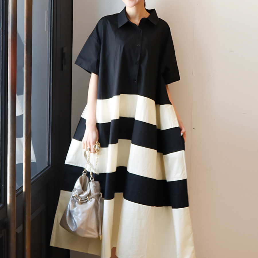 半袖パリス・バイカラーフレアーシャツワンピース