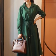 ハーパー・ゴールドボタン＆ウエストリボンフレアーシャツワンピース