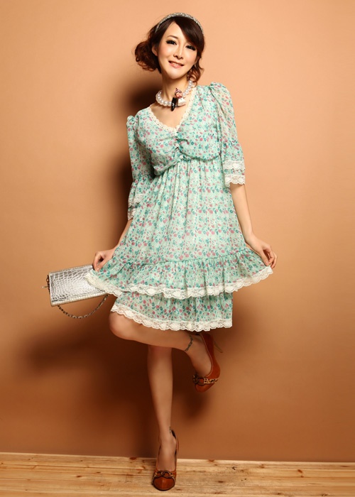 フレンチでダブル裾♪花柄シフォンワンピース　#グリーン #ピンク