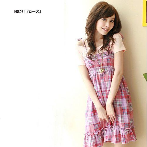 チェック柄♪ミディアム丈ワンピ　#ローズ　（他　#黄色　#藍色　あり）
