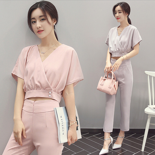 深Vネックショートトップス・スリムパンツ・上下セットUP