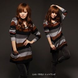 シンプルボーダーニットワンピ＃茶色（２色展開）