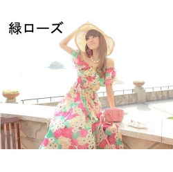 花柄・シルク素材・フリルマキシ丈ワンピース/緑ローズ