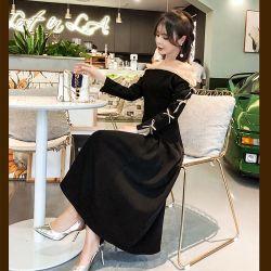 ファッションショップAya☆オフショル・リボン袖絞り・ロングワンピース