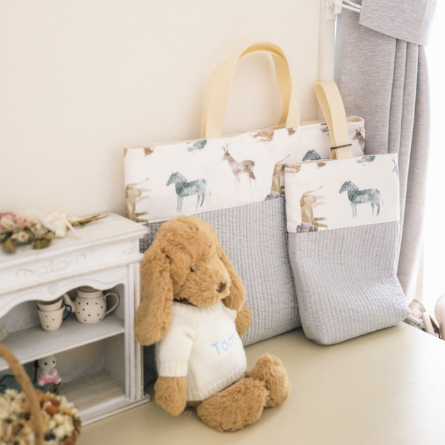 くまさんキルトとお花のレッスンバッグとシューズバッグ  