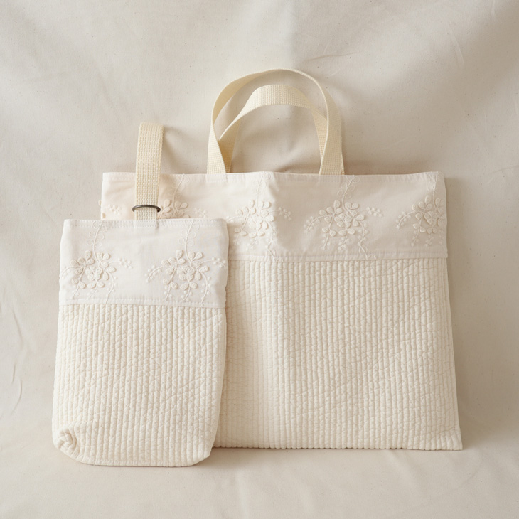 【名入れ】入園・入学2点セット 2color フラワーエンブロイダリー 上履き入れ レッスンバッグ ハンドメイド