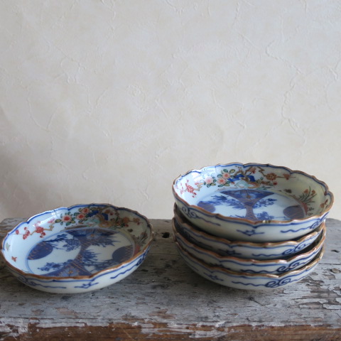 【Vintage/ヴィンテージ】色絵/松竹梅文 稜花小皿5枚セット