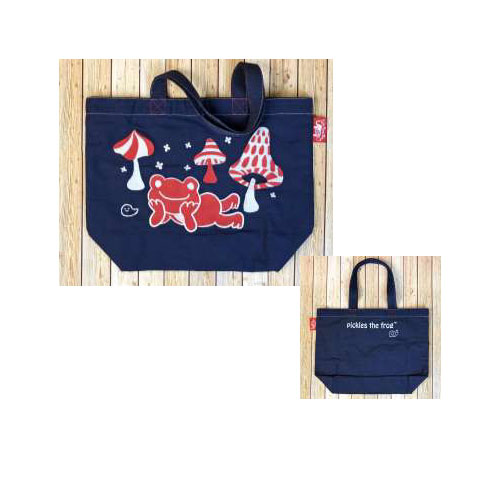 カエルのピクルス（かえるのピクルス）　コットントートバッグシリーズ　ピクルス　刺繍　トートバッグ　ネイビー　きのこ