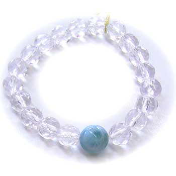 ラリマー入りダイヤカット水晶ブレスレット10mmのラリマー1玉+8mmダイヤカット水晶20玉
