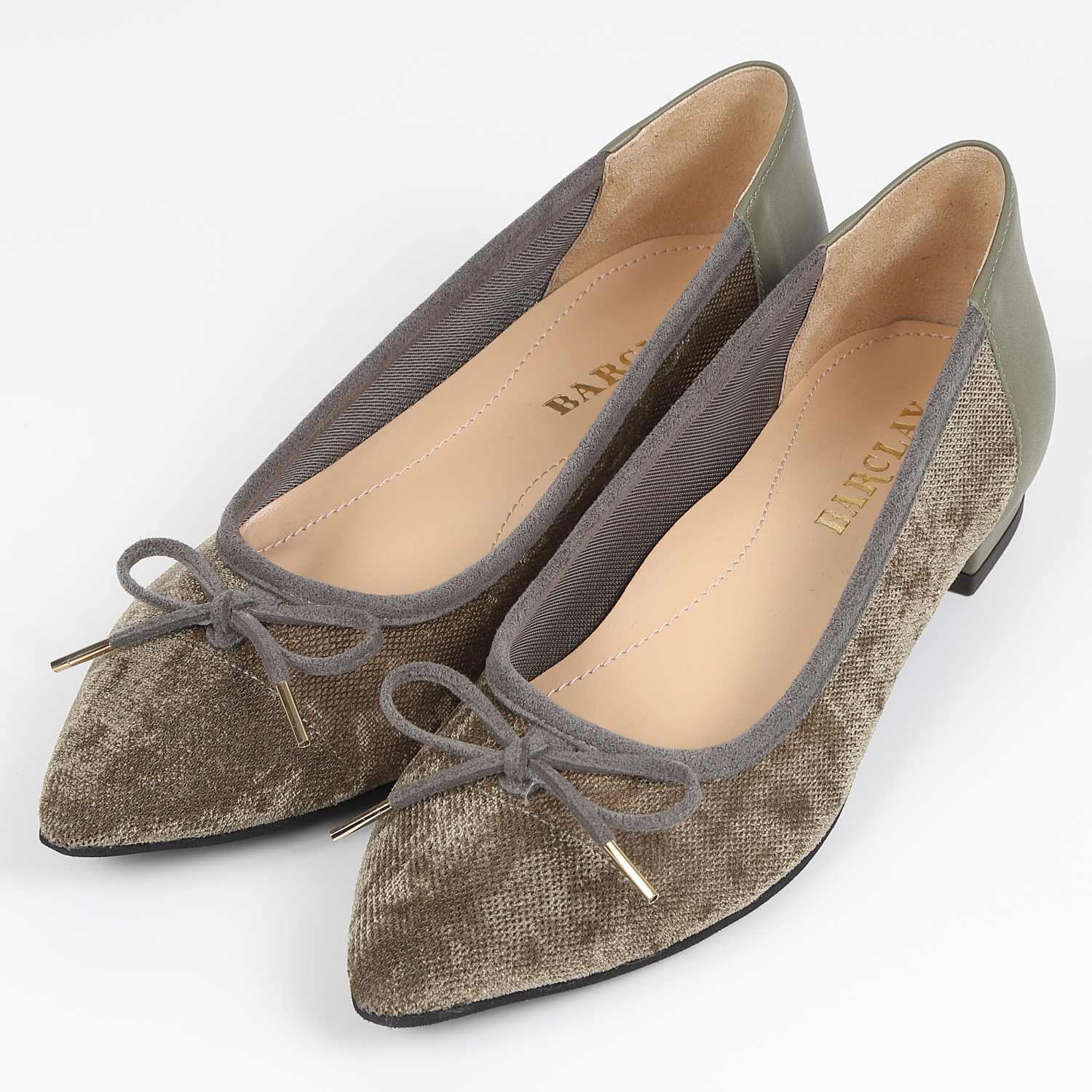 【OUTLET】BARCLAY（バークレー）ポインテッドトゥメッシュバレエシューズ　カーキ
